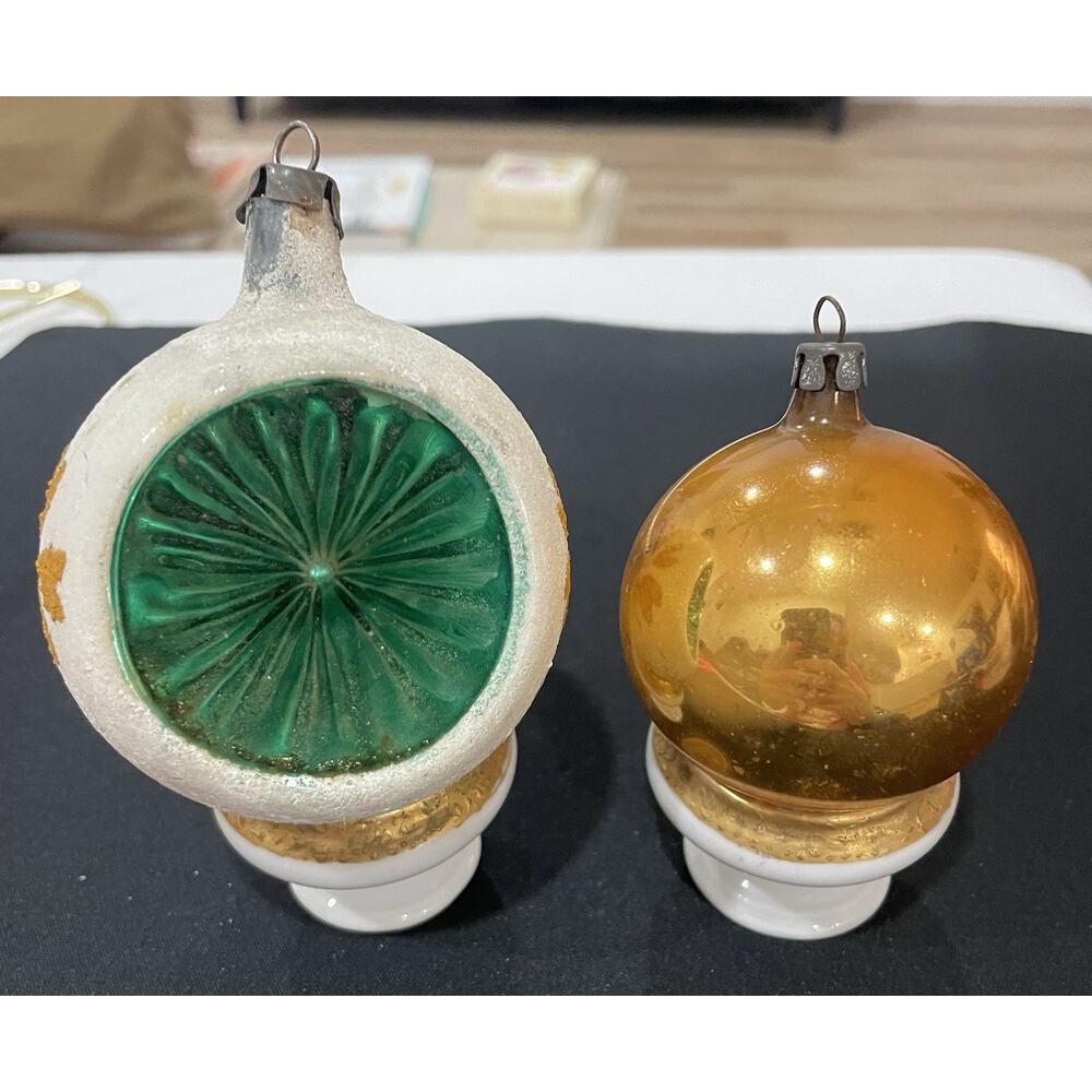 Vintage Poland Original Caps Glass Ornaments. One Deep Indented & One Small Gold